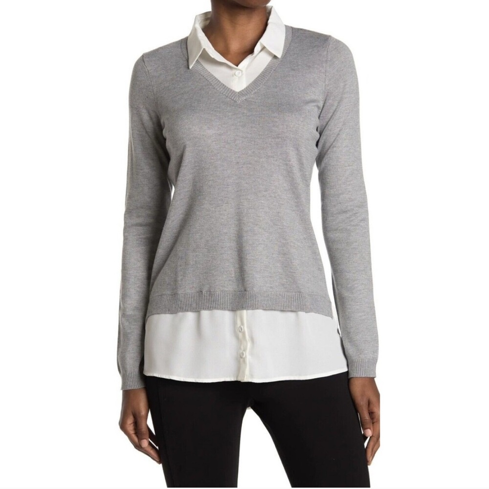 Adrianna Papell Heather Gray Twofer Long Sleeve Sweater (Large)